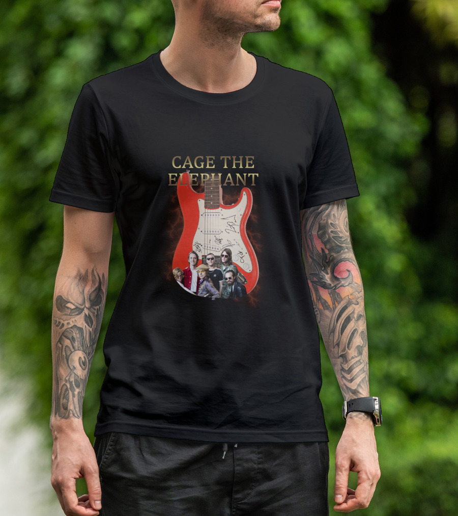 Cage The Elephant Red Electric Guitar Signatures And Band Montage T-Shirt