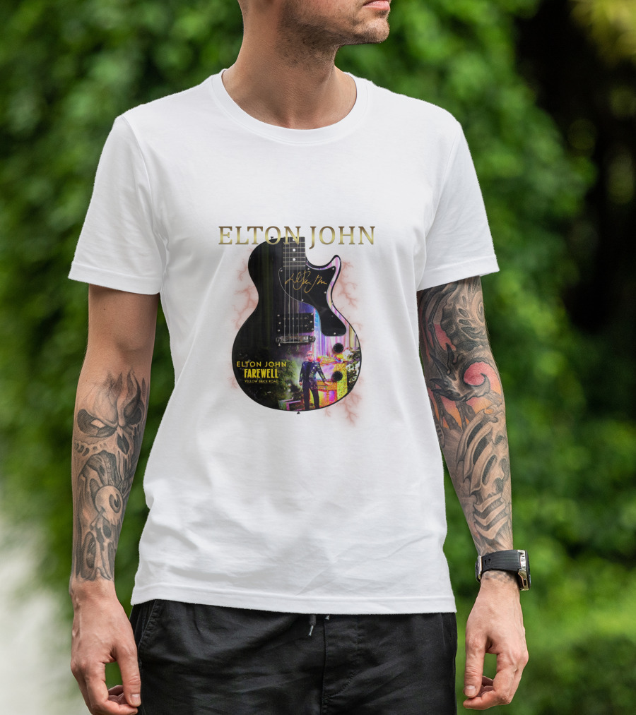 ELTON JOHN Signature Guitar Farewell Yellow Brick Road T-Shirt