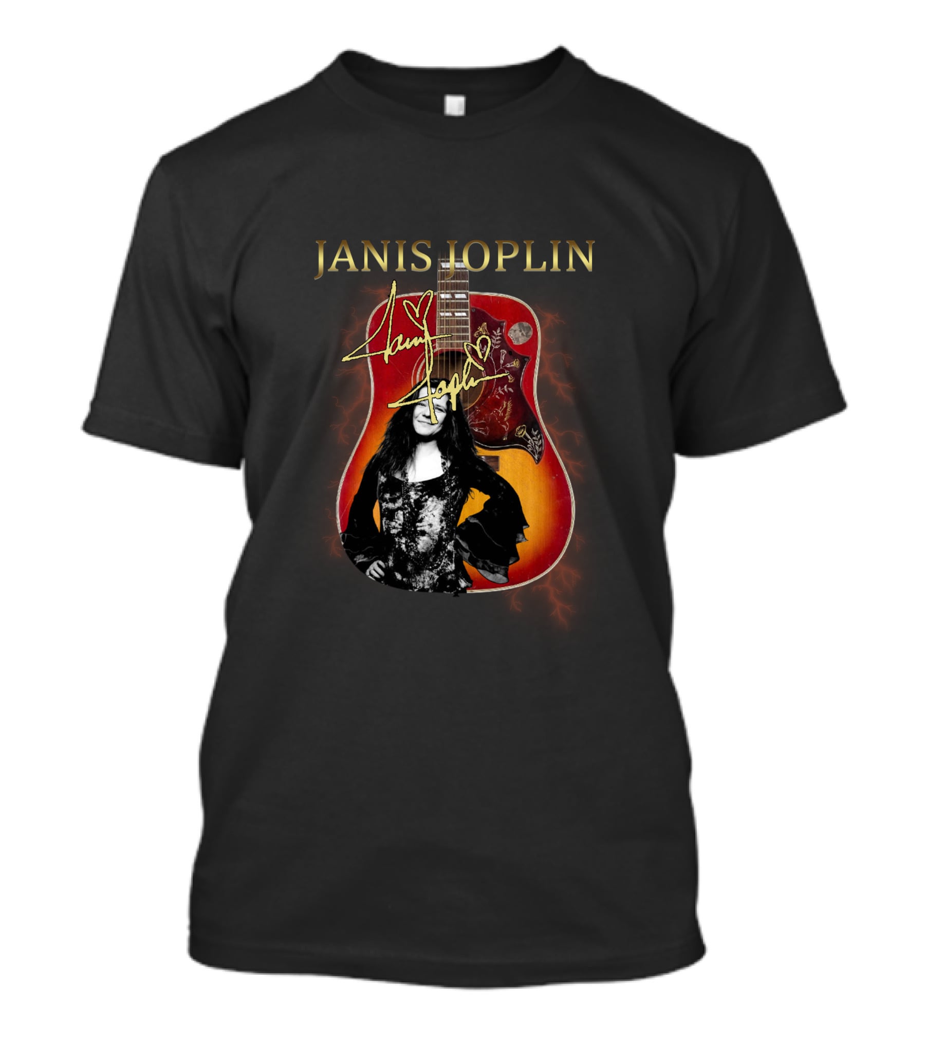 Janis Joplin Signature Guitar With Portrait And Lightning Effects T-Shirt