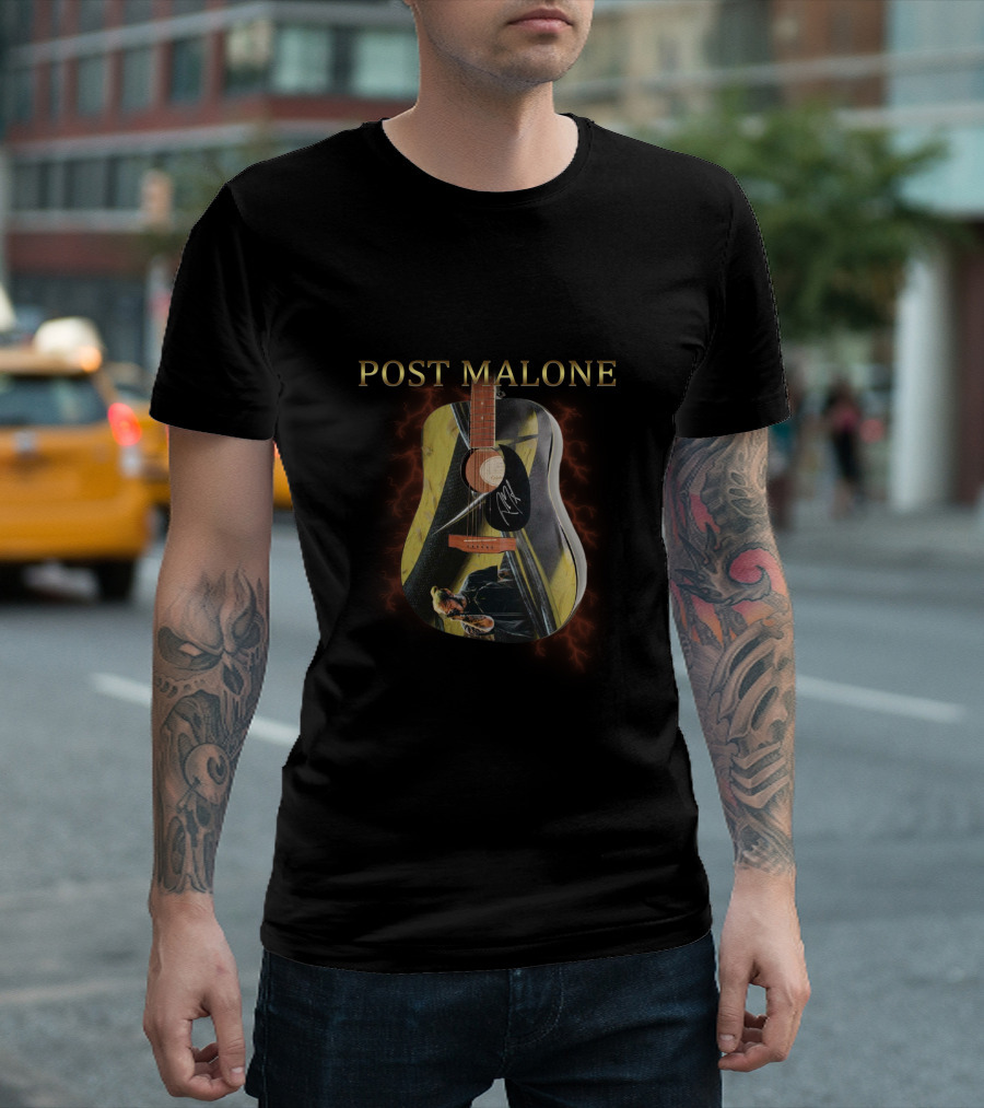 Post Malone Signature Guitar With Yellow And Black Lightning Visuals T-Shirt