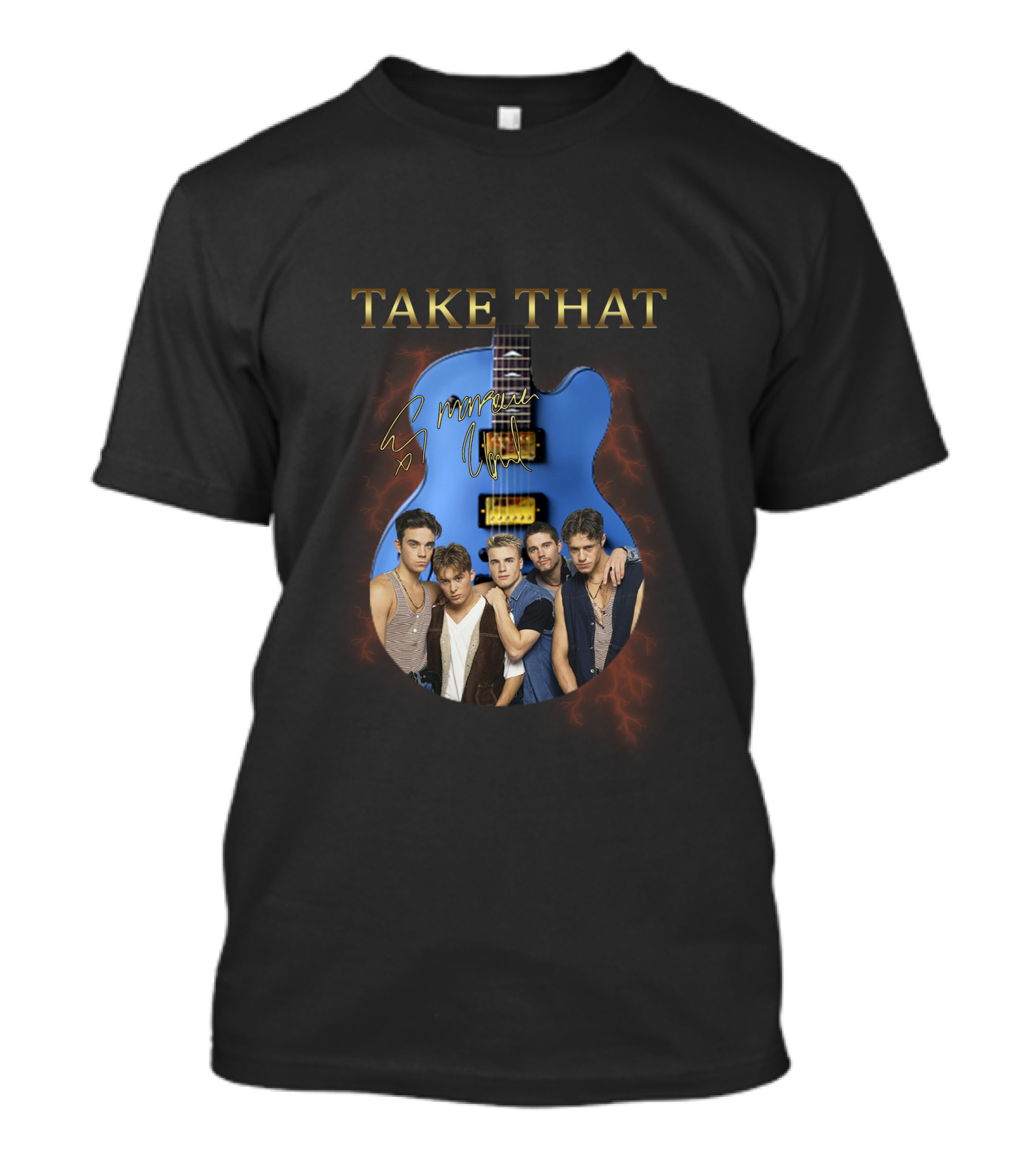 Take That Group Photo With Blue Guitar And Signatures T-Shirt