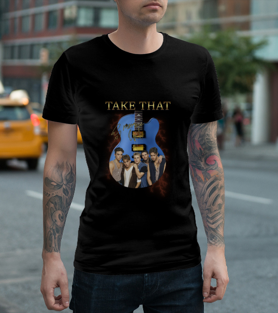 Take That Group Photo with Blue Guitar and Signatures T-Shirt