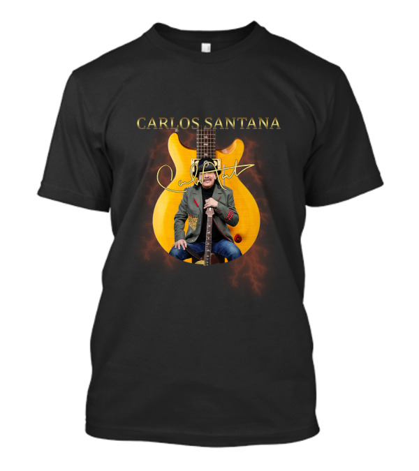 Carlos Santana Signature With Yellow Electric Guitar And Lightning Background T-Shirt