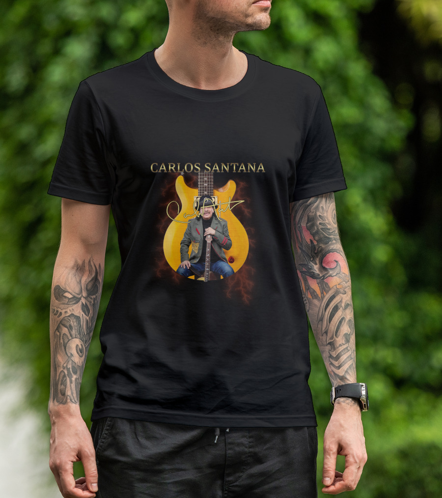Carlos Santana Signature With Yellow Electric Guitar And Lightning Background T-Shirt
