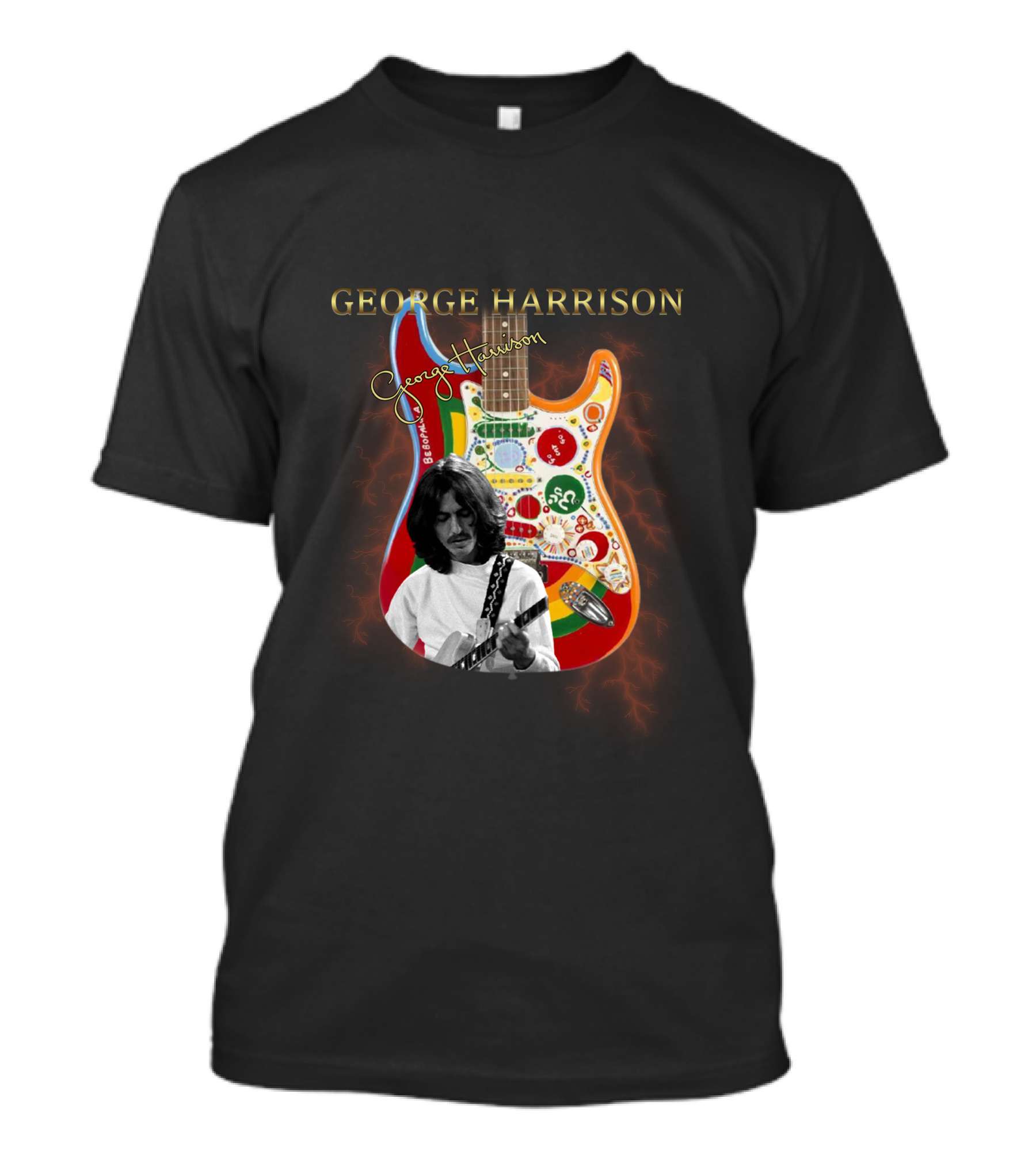 George Harrison Signature Guitar Art With Colorful Electric Guitar And Musician Photograph T-Shirt