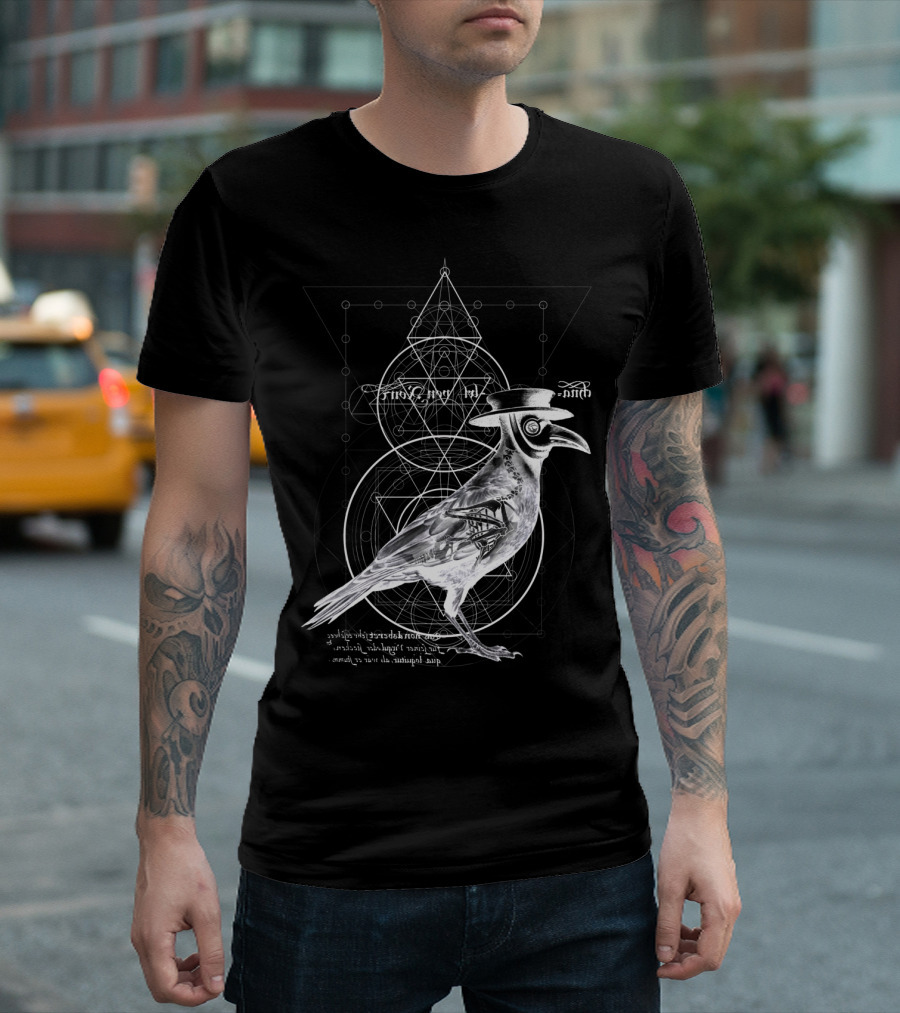The Raven Dark Geometric Plague Doctor Raven with Esoteric Symbols T-Shirt