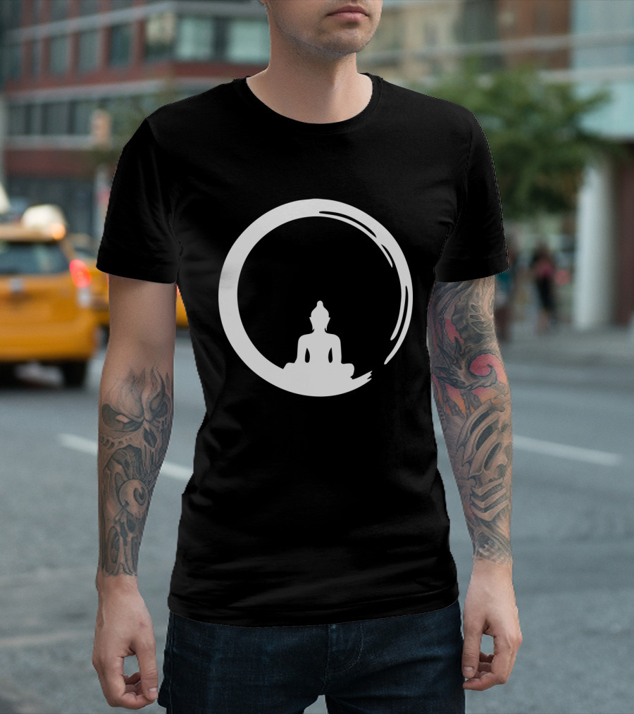 Zen Enso with Meditating Buddha Silhouette in White T-Shirt