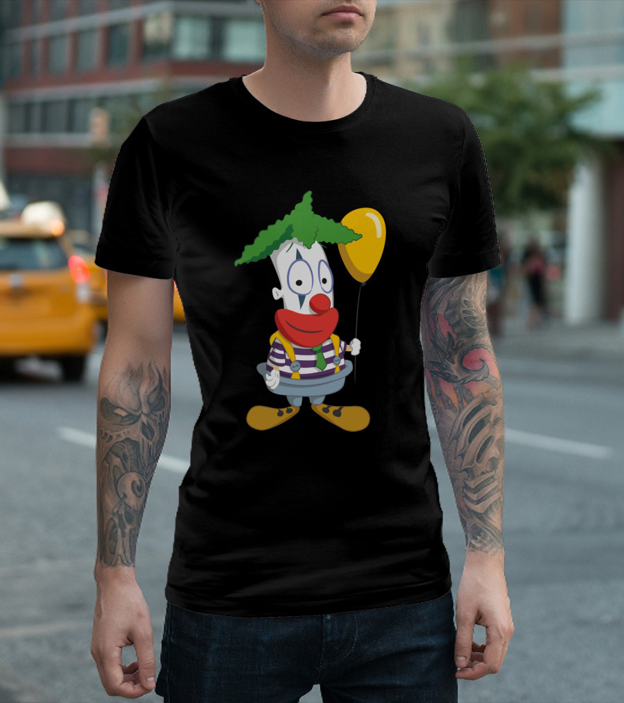 Whimsical Striped Circus Clown Juggling Joyful Yellow Balloon T-Shirt