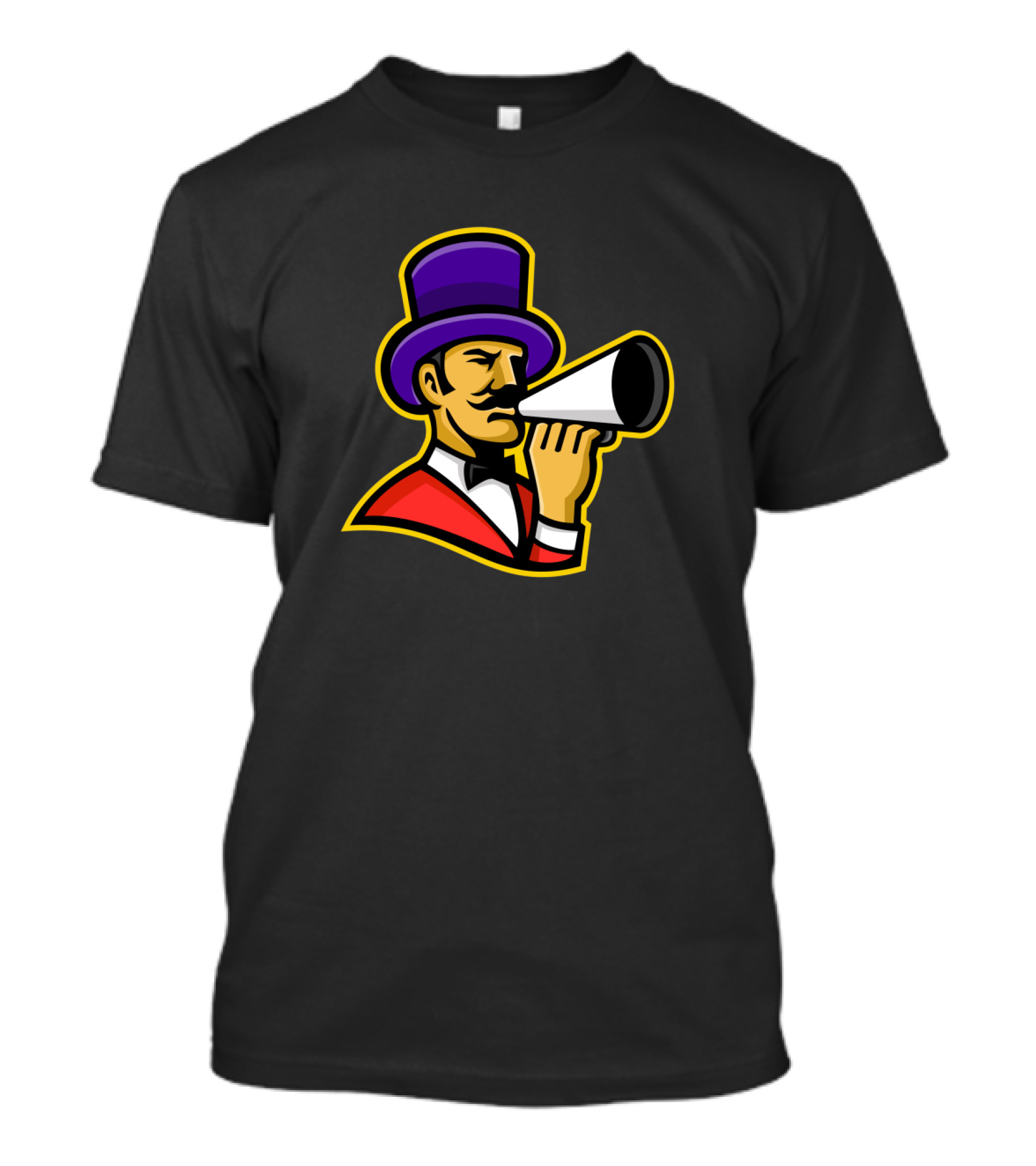 Circus Ringleader Ringmaster Mascot With Purple Top Hat And Megaphone T-Shirt