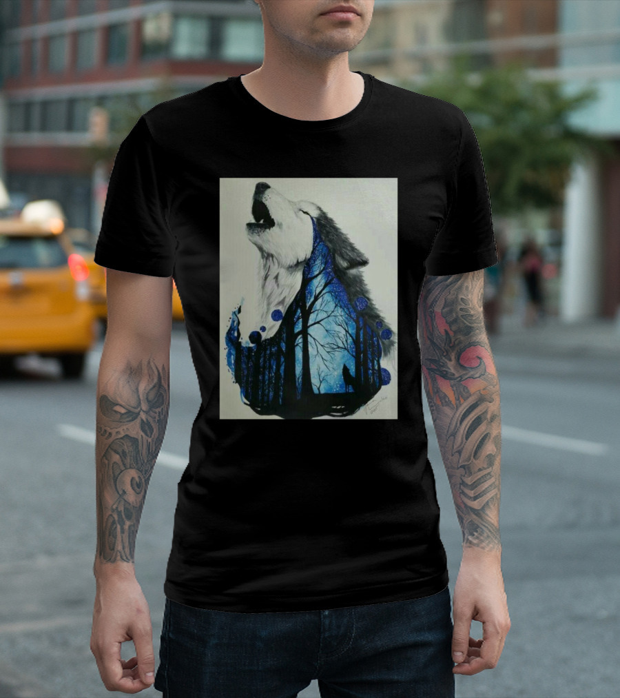 Howling Wolf With Starry Forest Silhouette Night Dance T-Shirt