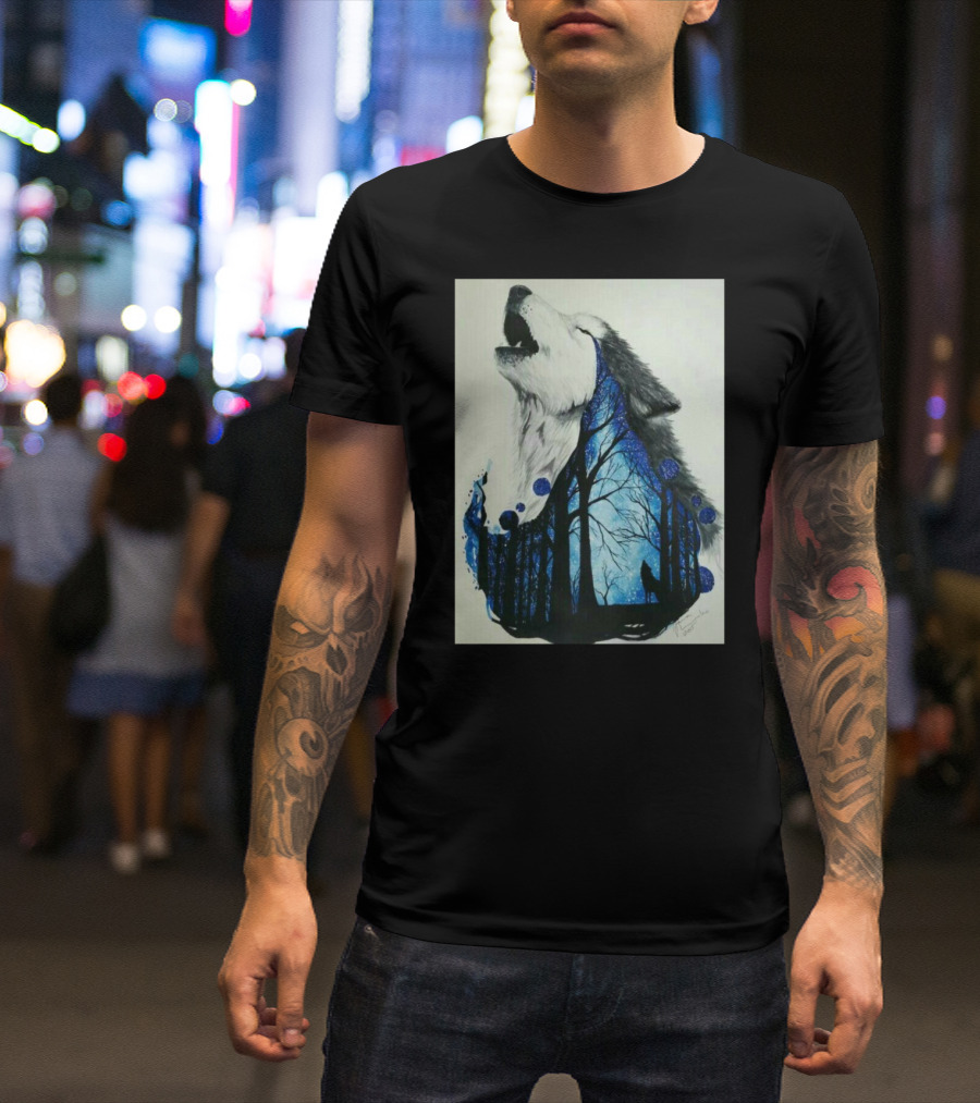Howling Wolf With Starry Forest Silhouette Night Dance T-Shirt