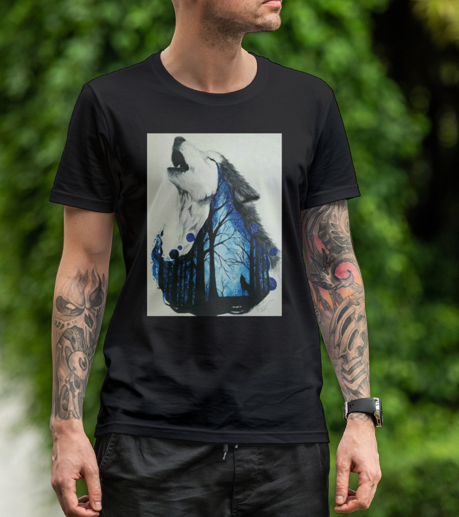Howling Wolf With Starry Forest Silhouette Night Dance T-Shirt