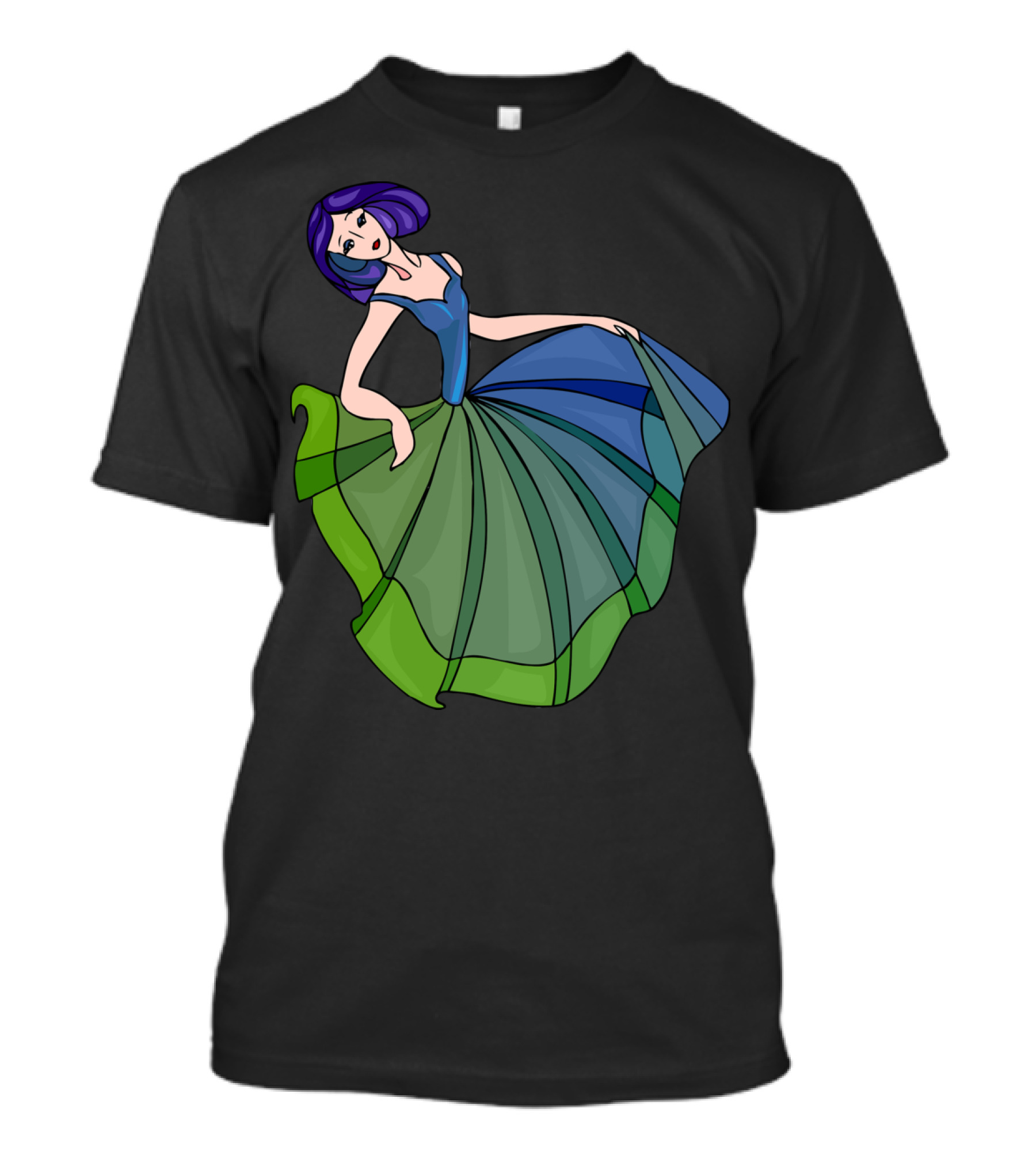 Colorful Dress Lady Best Dance Illustration Purple Hair Green Blue T-Shirt