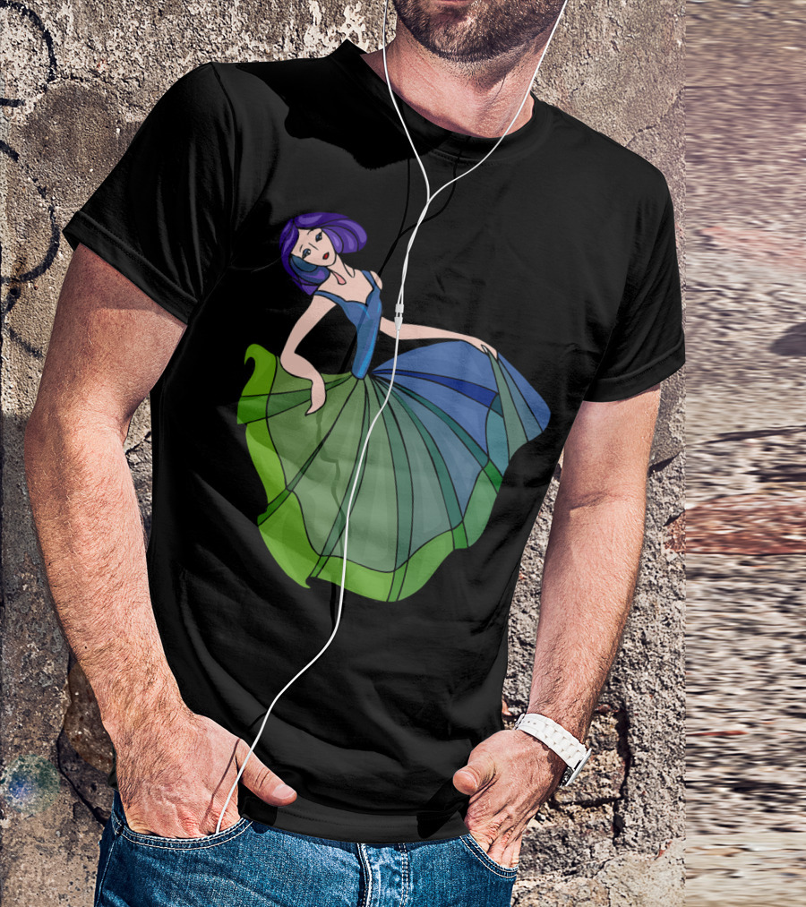 Colorful Dress Lady Best Dance Illustration Purple Hair Green Blue T-Shirt