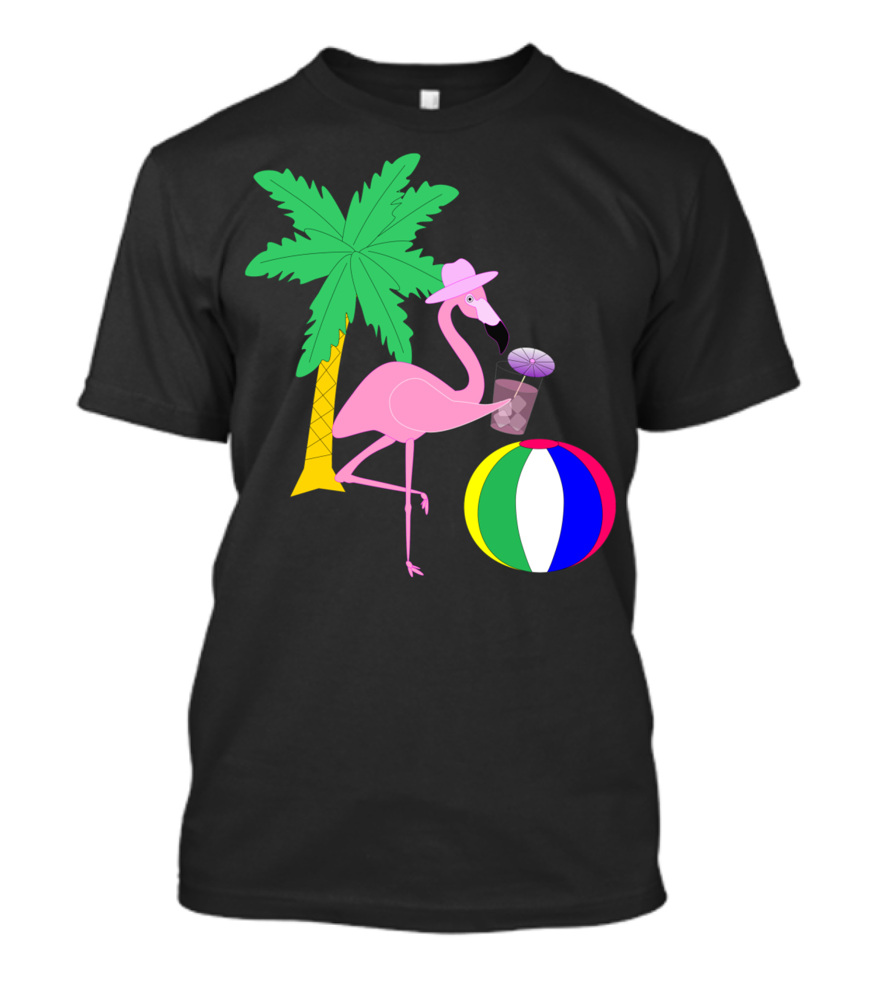 Playful Vacation Flamingo With Beach Ball And Palm Tree T-Shirt