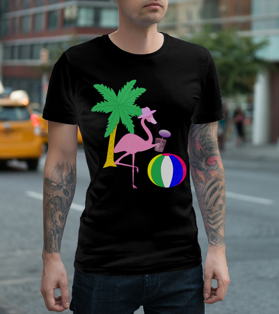Playful Vacation Flamingo With Beach Ball And Palm Tree T-Shirt