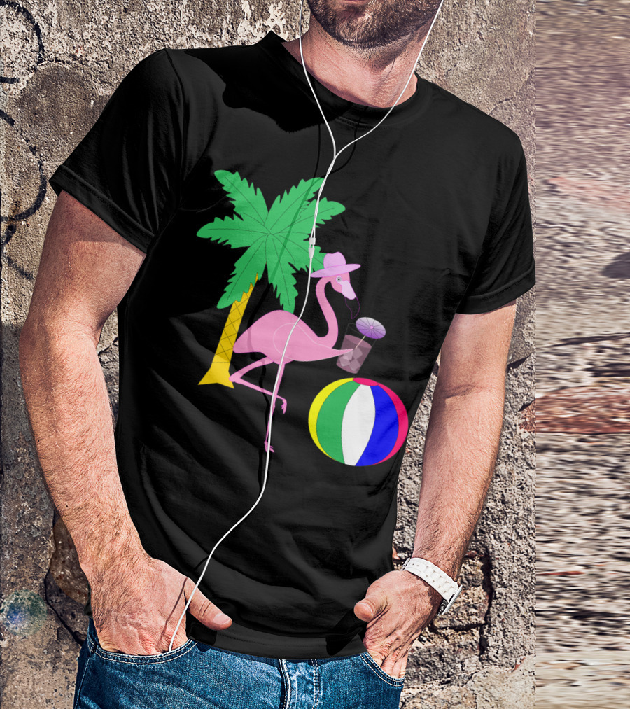 Playful Vacation Flamingo With Beach Ball And Palm Tree T-Shirt