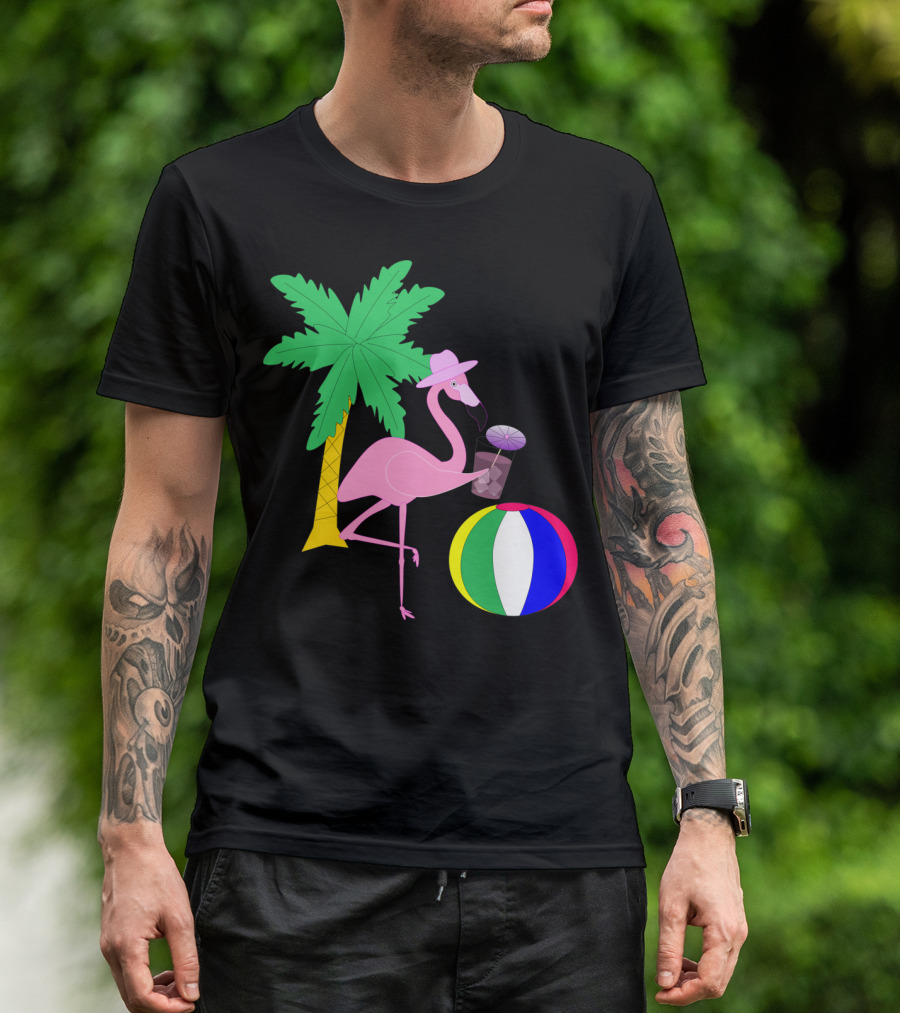 Playful Vacation Flamingo With Beach Ball And Palm Tree T-Shirt