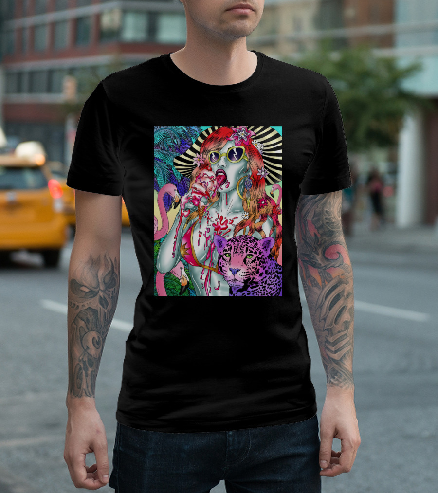 Psychedelic Meltdown with Leopard and Flamingos Sunhat and Ice Cream Scene T-Shirt