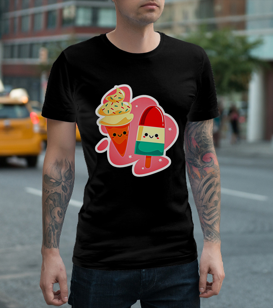 Happy Ice Cream and Popsicle with Sprinkles Faces in Playful Cartoon T-Shirt