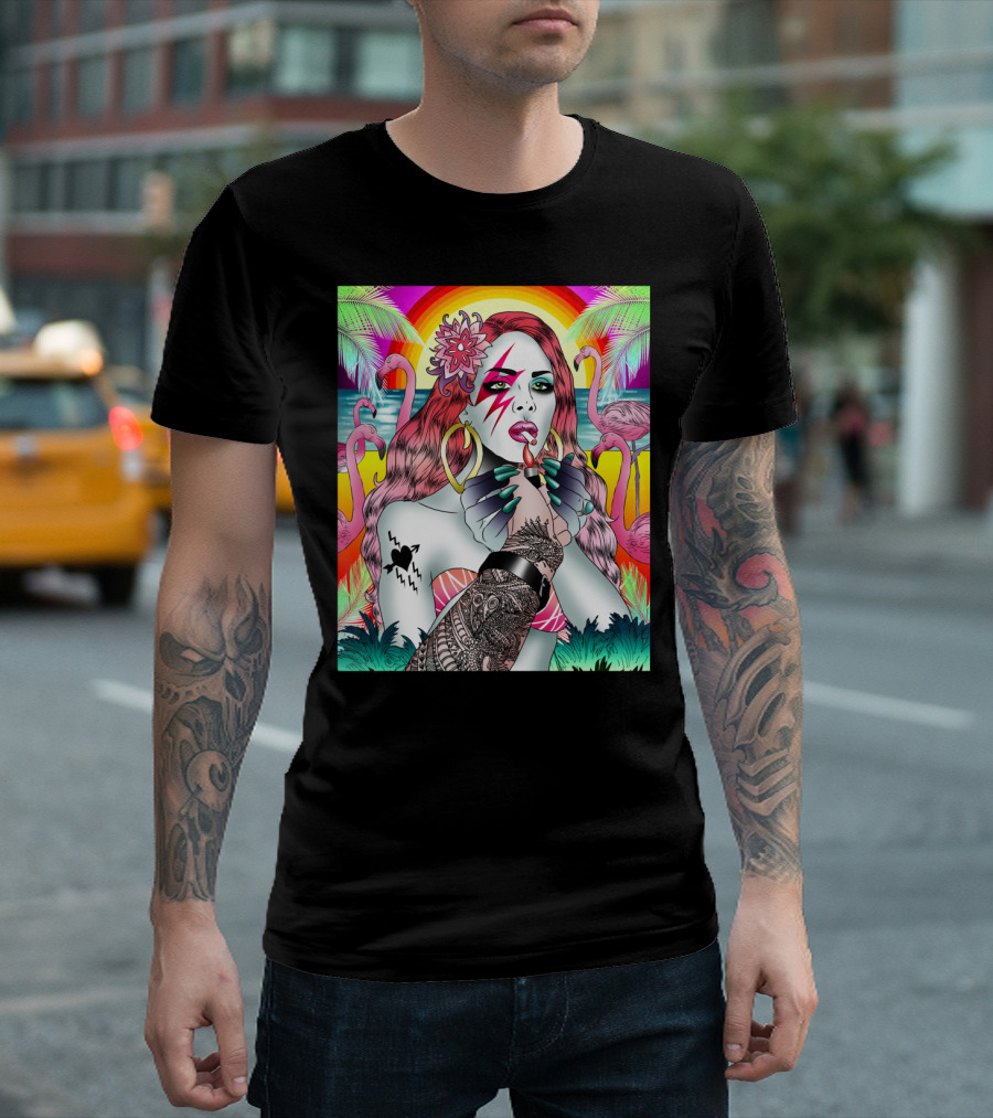 BowieLana Tropical Flamingo Makeup Zigzag Tattoo Rainbow Surreal T-Shirt