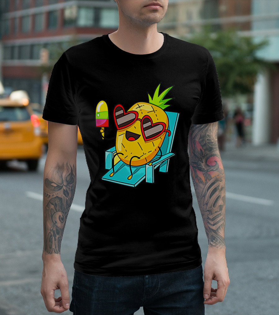 Sunglasses-Wearing Pineapple Relaxing with Popsicle and Joyful Expressions T-Shirt