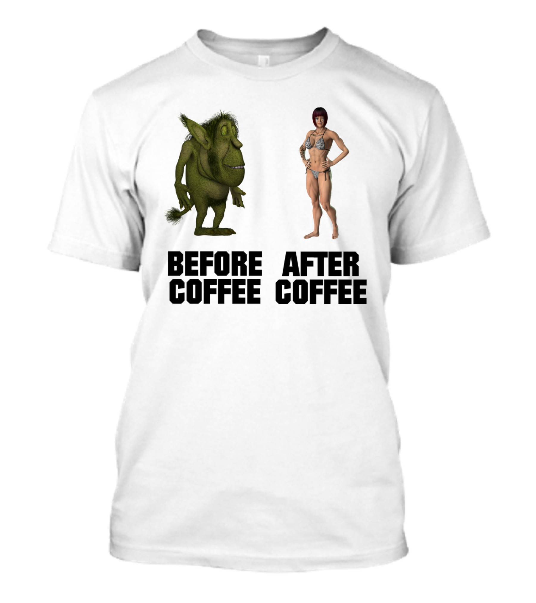 Before Coffee Green Cartoon Creature After Coffee Muscular Woman Transformation T-Shirt