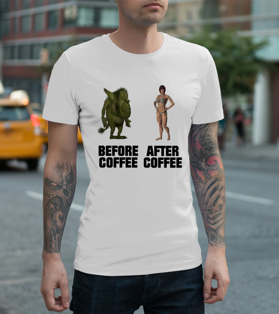 Before Coffee Green Cartoon Creature After Coffee Muscular Woman Transformation T-Shirt