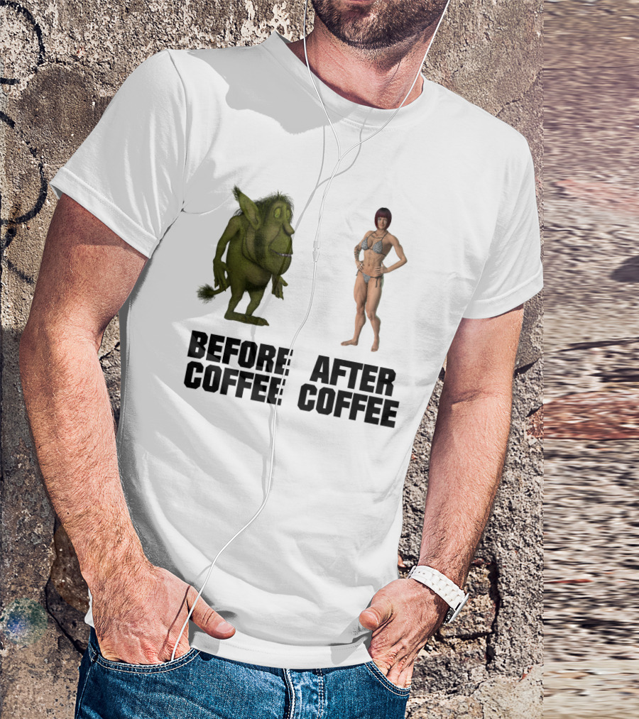 Before Coffee Green Cartoon Creature After Coffee Muscular Woman Transformation T-Shirt
