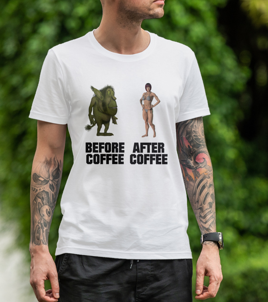 Before Coffee Green Cartoon Creature After Coffee Muscular Woman Transformation T-Shirt