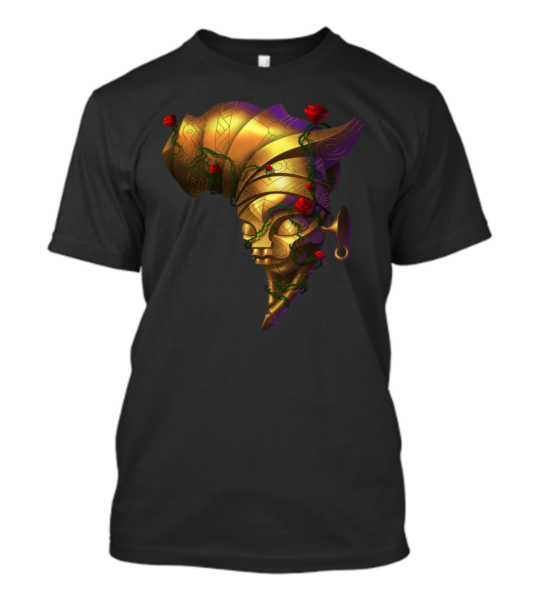 Golden African Mask With Red Roses And Vines T-Shirt