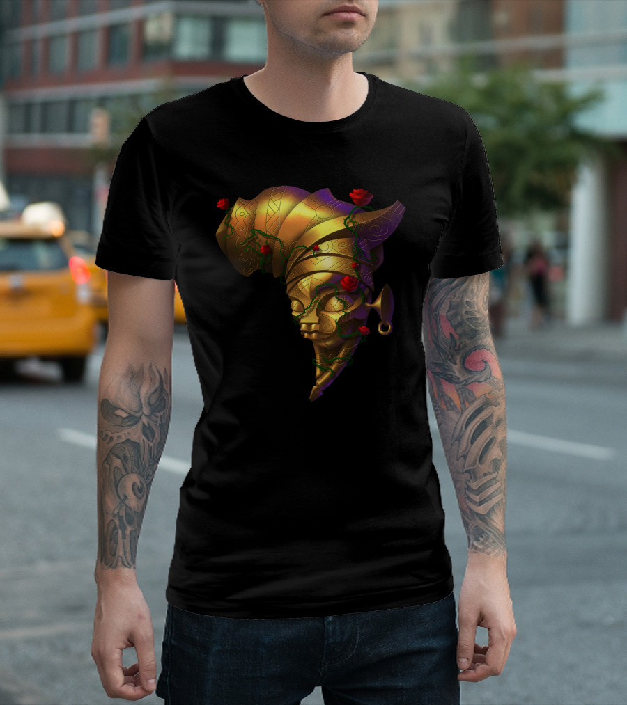 Golden African Mask With Red Roses And Vines T-Shirt