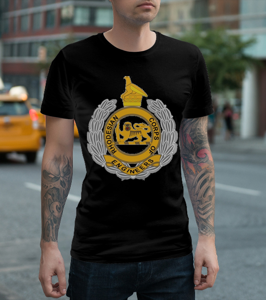 The title could be: Rhodesian Corps of Engineers Emblem Featuring Lion and Zimbabwe Bird Crest T-Shirt