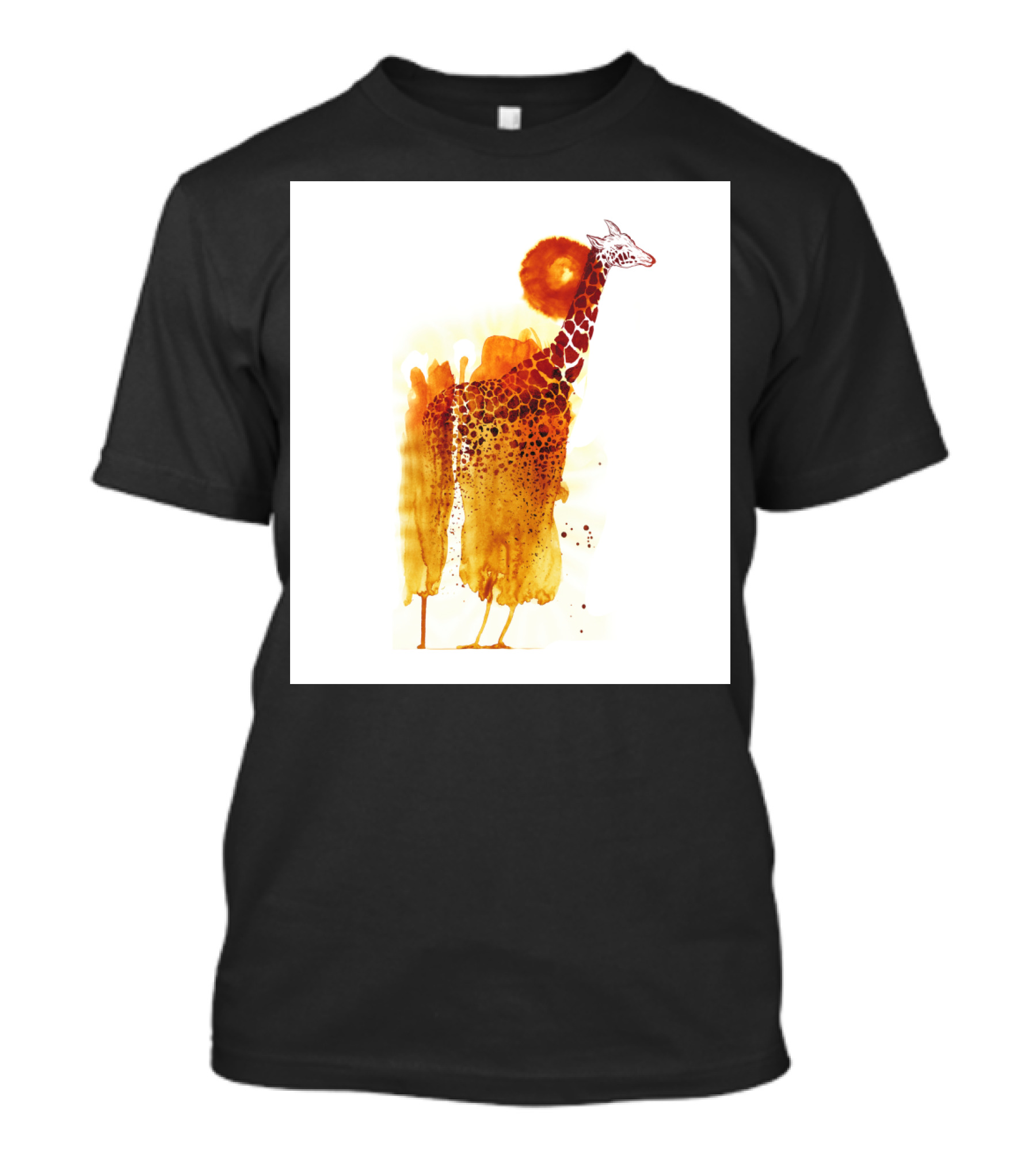 Giraffe Watercolor Art With Vibrant Orange Sun Behind T-Shirt