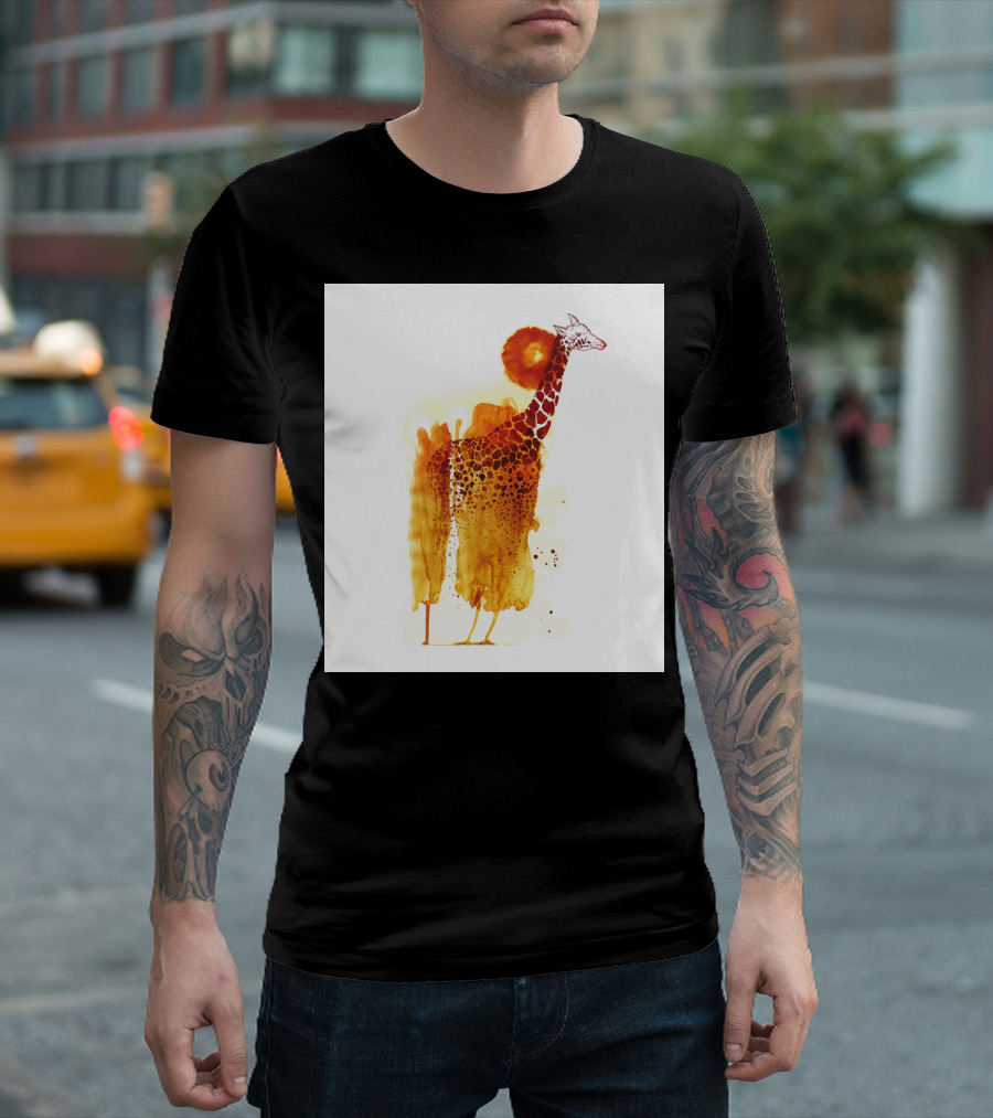 Giraffe Watercolor Art With Vibrant Orange Sun Behind T-Shirt