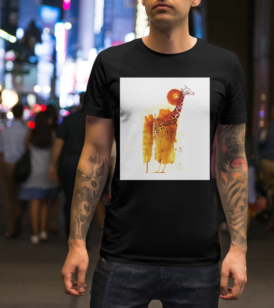 Giraffe Watercolor Art With Vibrant Orange Sun Behind T-Shirt