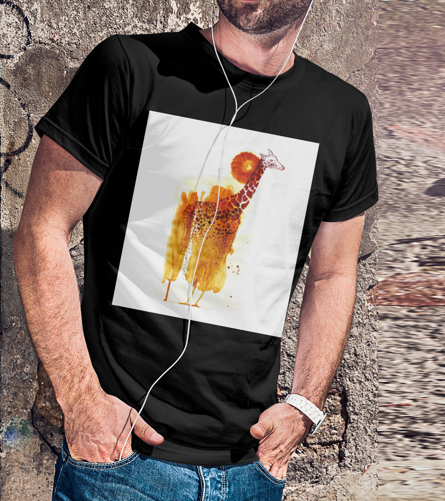 Giraffe Watercolor Art With Vibrant Orange Sun Behind T-Shirt