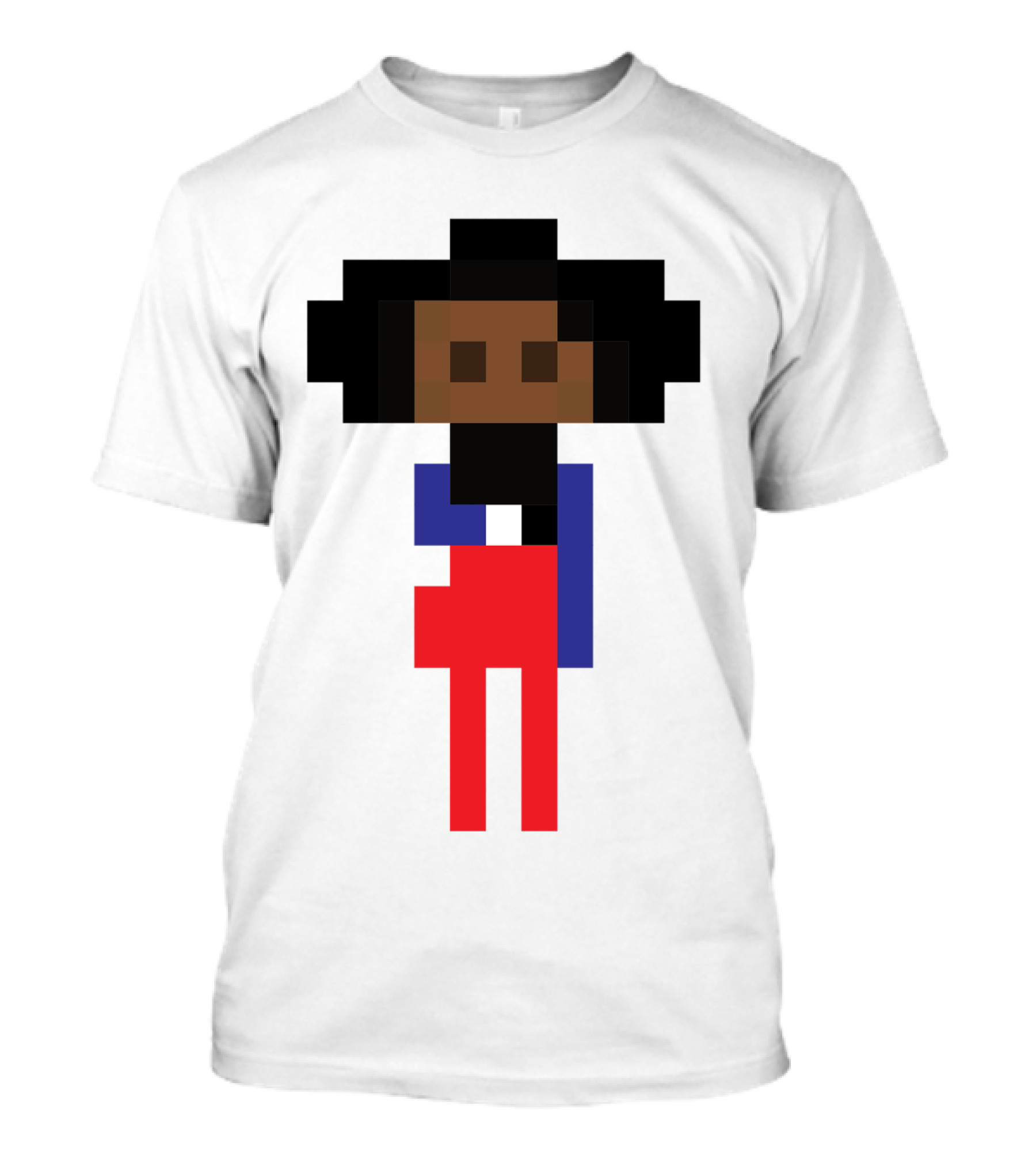 Pixel Art Style Black Girl Nerd Icon Figure In Red And Blue T-Shirt