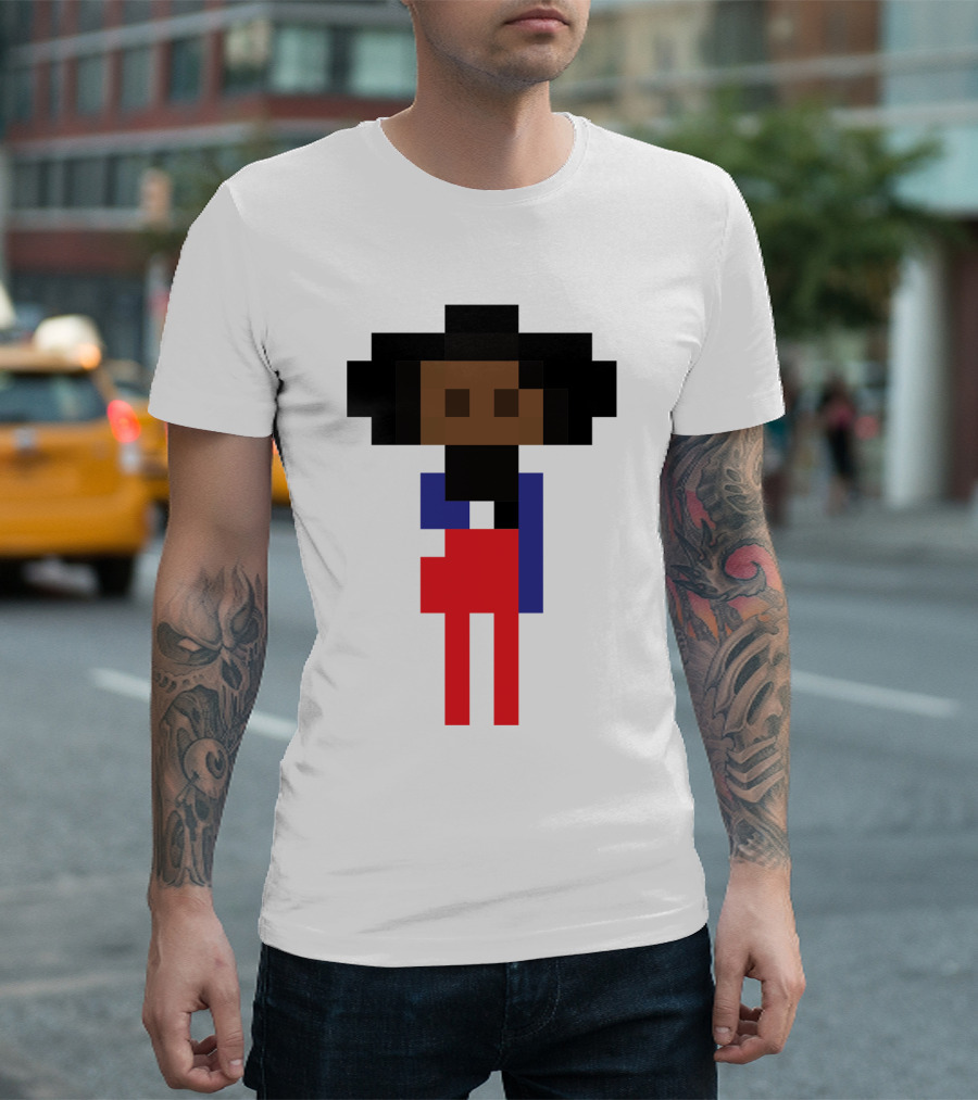 Pixel Art Style Black Girl Nerd Icon Figure In Red And Blue T-Shirt