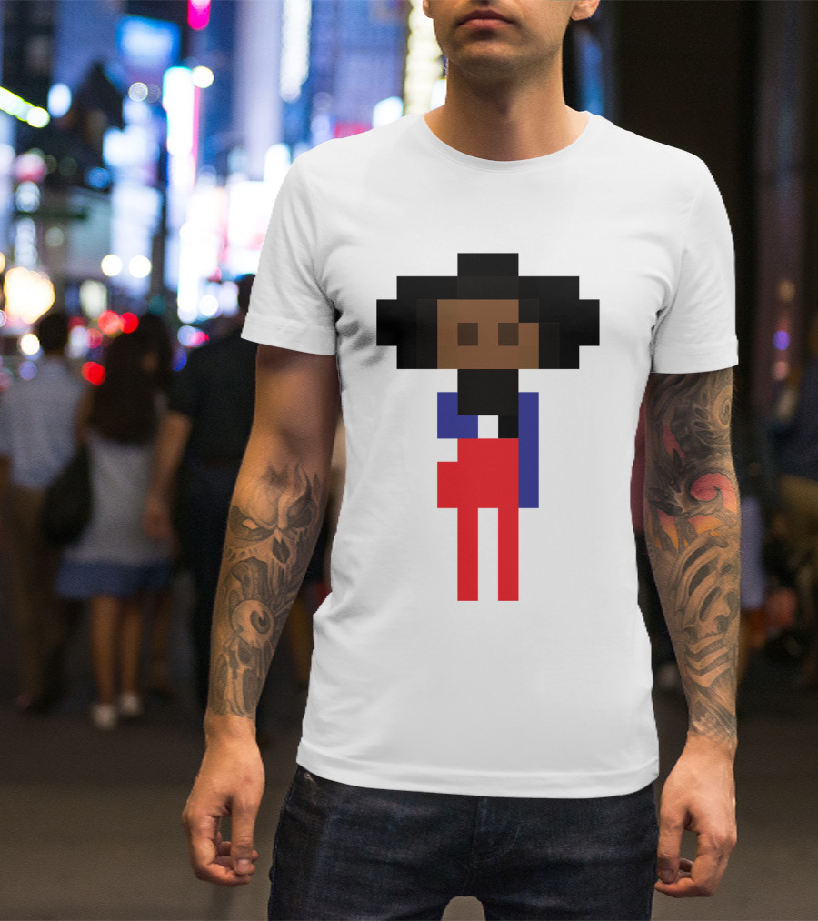 Pixel Art Style Black Girl Nerd Icon Figure In Red And Blue T-Shirt