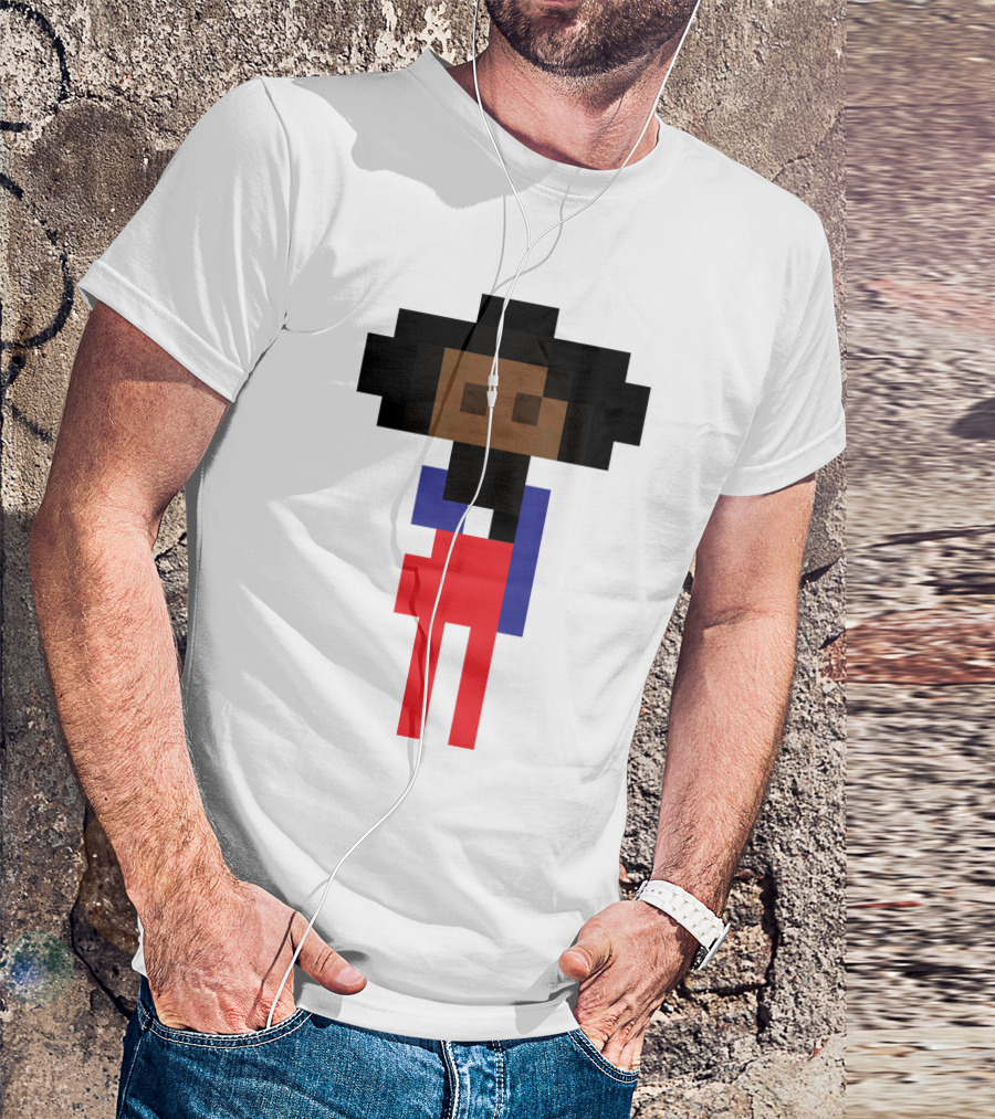 Pixel Art Style Black Girl Nerd Icon Figure In Red And Blue T-Shirt