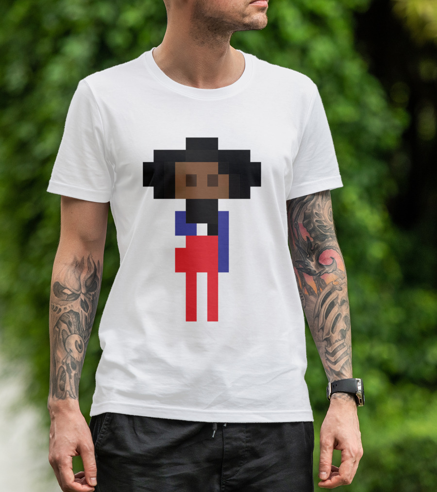Pixel Art Style Black Girl Nerd Icon Figure In Red And Blue T-Shirt