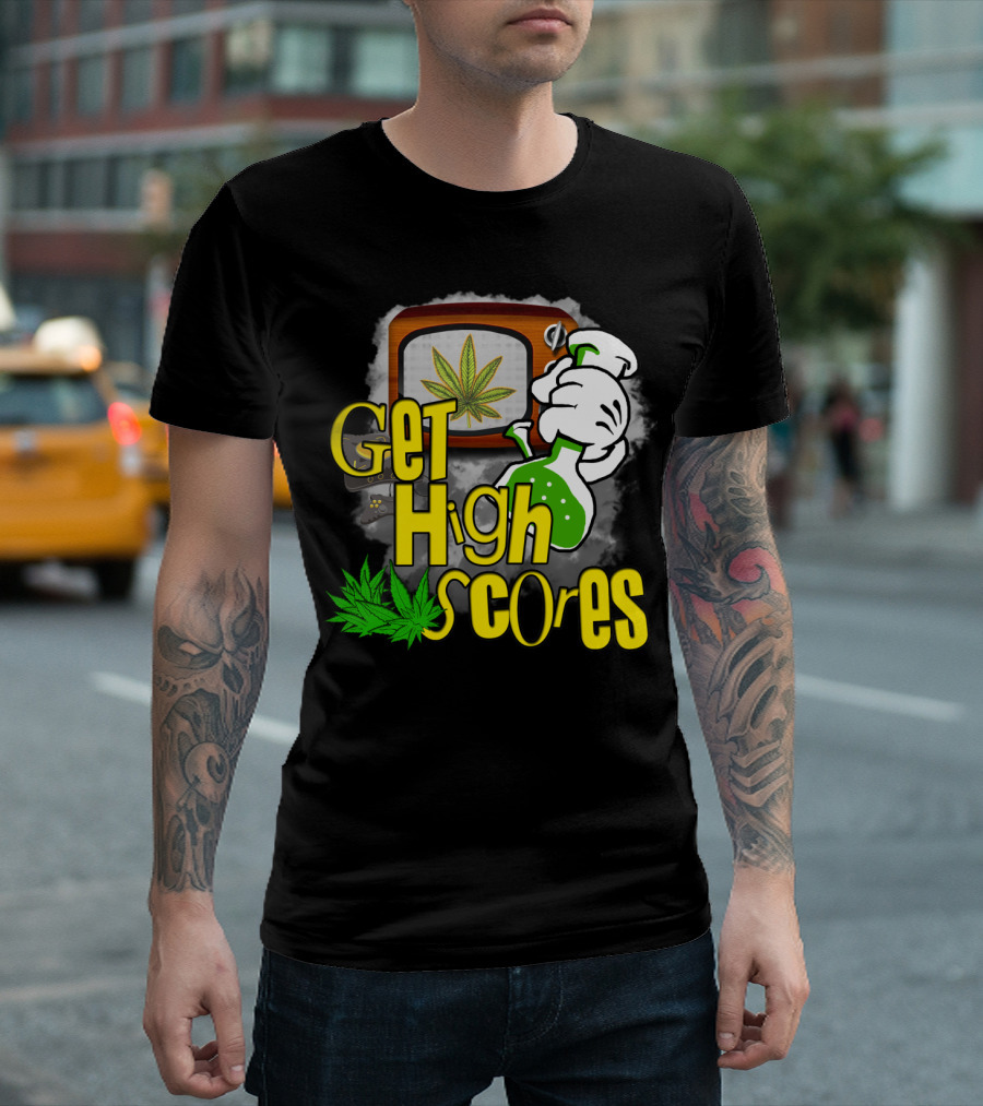 Get High Scores Retro TV Gaming Cannabis Chemistry Visuals T-Shirt