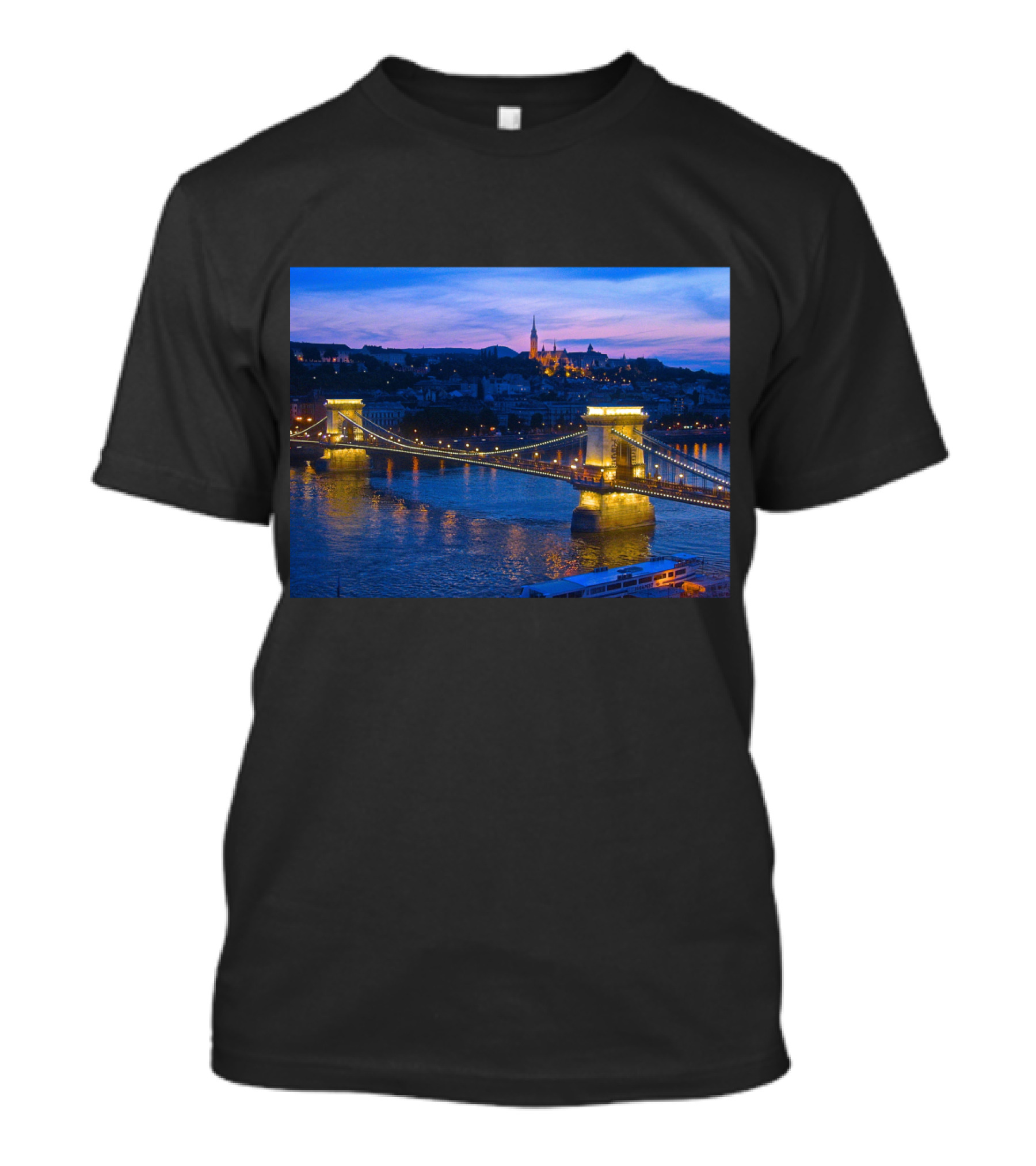Chain Bridge Illuminated At Twilight Over Danube In Budapest Skyline T-Shirt