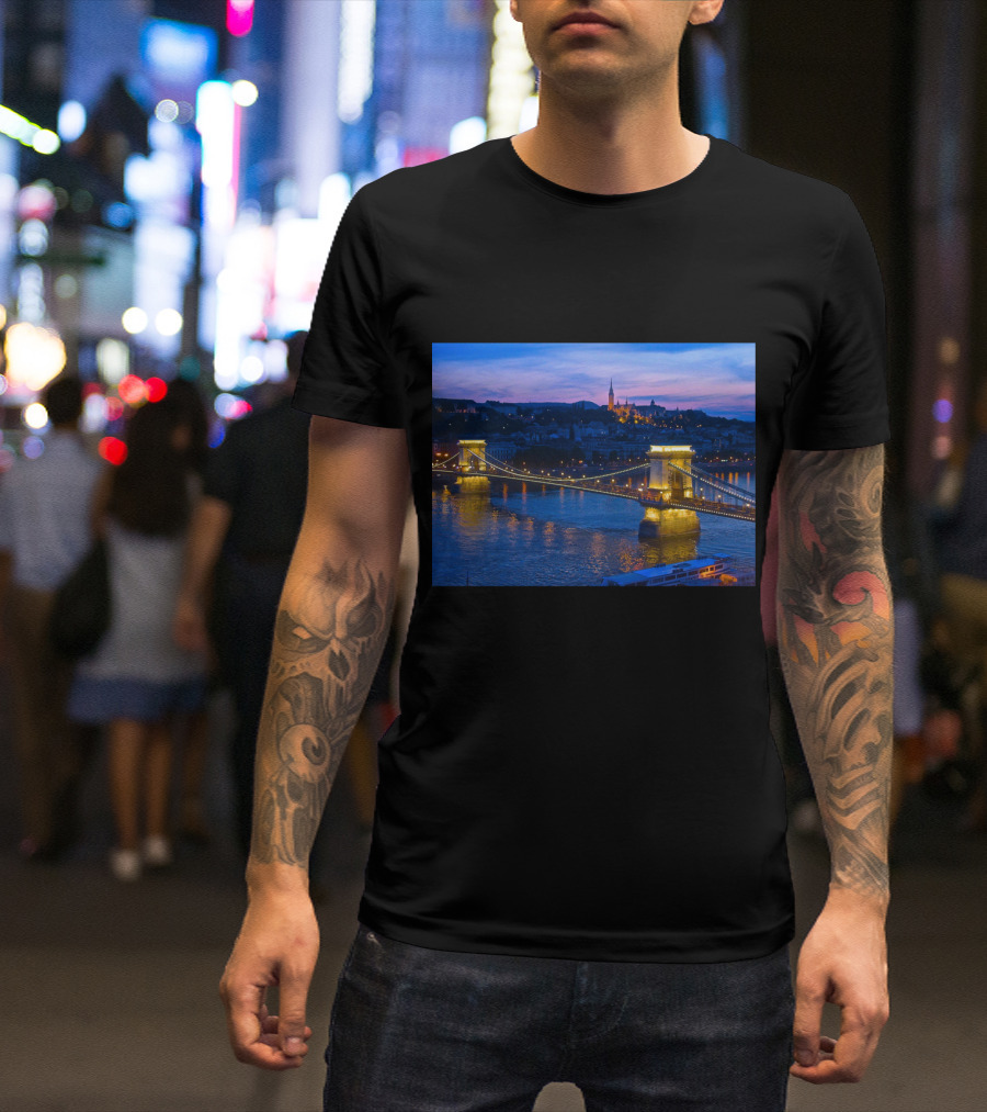 Chain Bridge Illuminated At Twilight Over Danube In Budapest Skyline T-Shirt