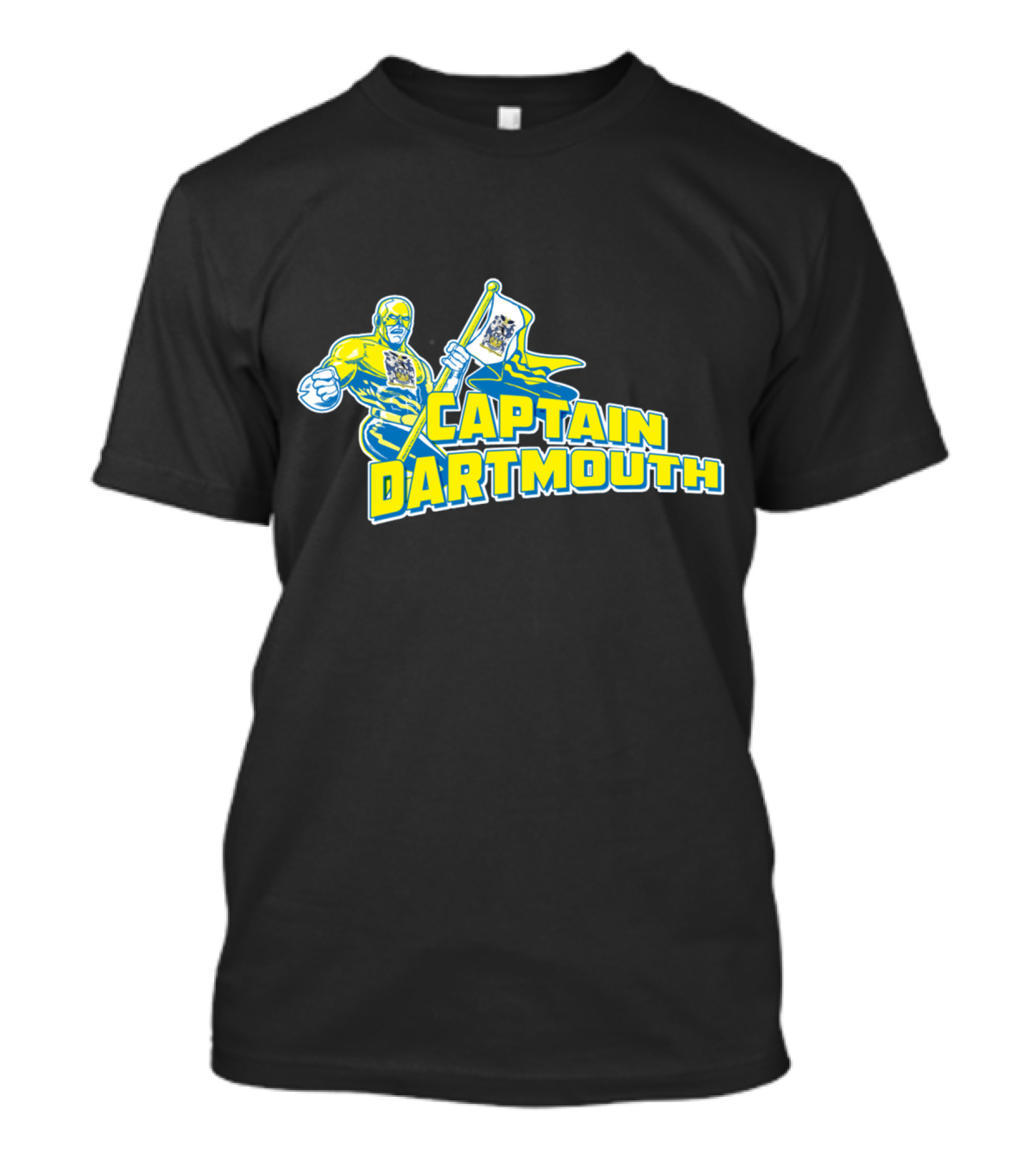 Captain Dartmouth Superhero Figure With Dartmouth Flag And Bold Yellow Blue Text T-Shirt