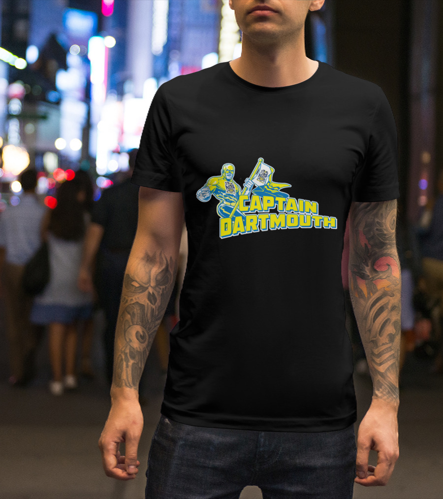 Captain Dartmouth Superhero Figure With Dartmouth Flag And Bold Yellow Blue Text T-Shirt