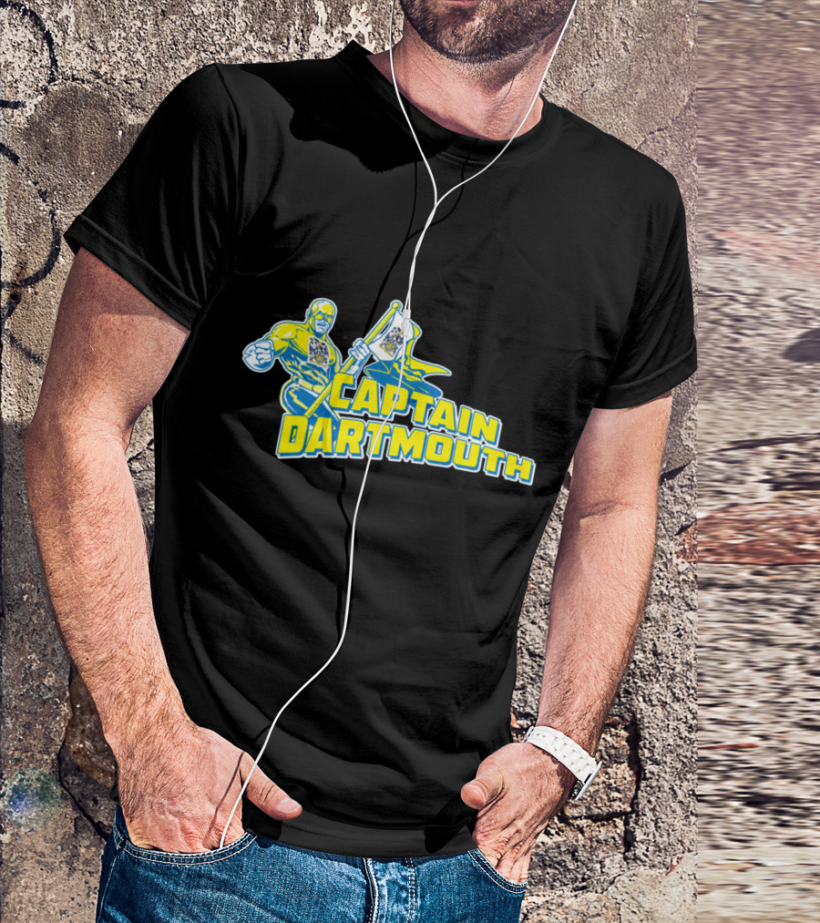 Captain Dartmouth Superhero Figure With Dartmouth Flag And Bold Yellow Blue Text T-Shirt