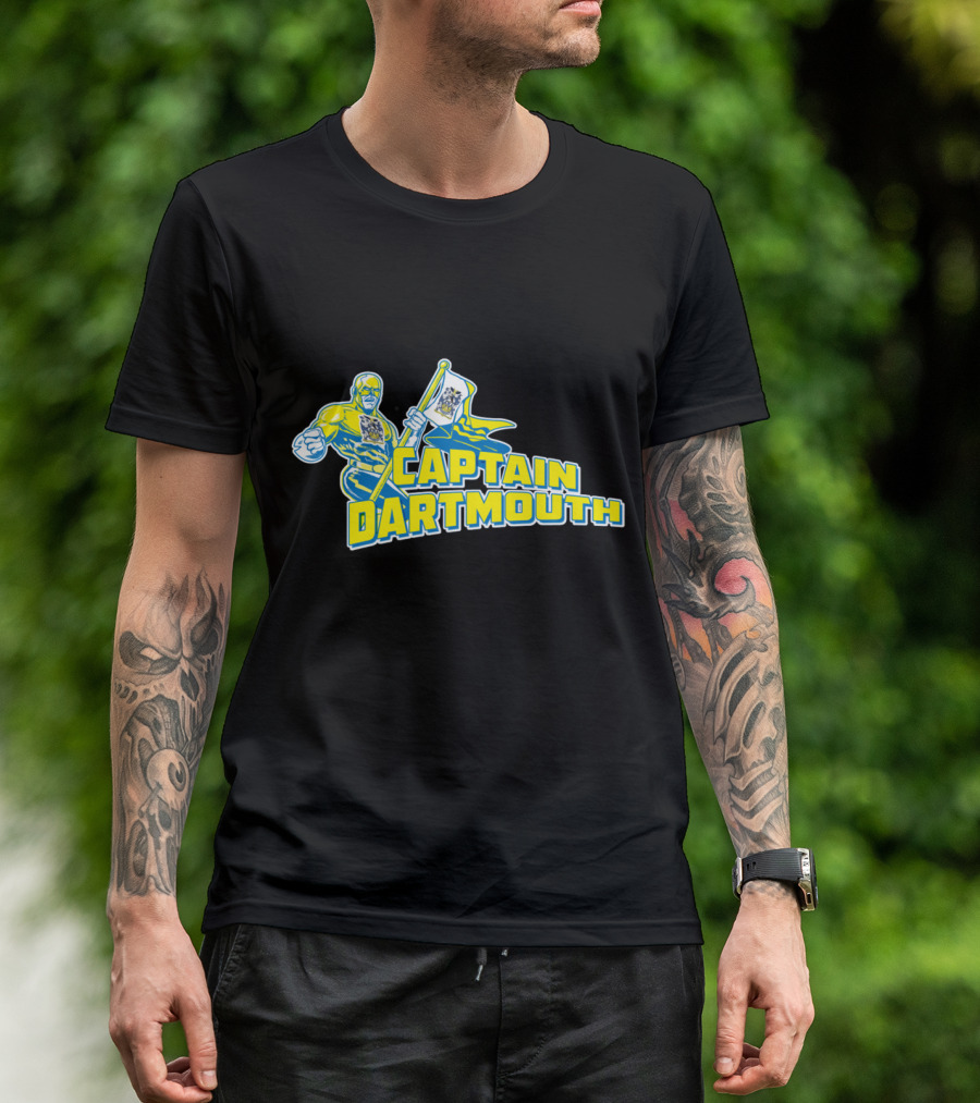 Captain Dartmouth Superhero Figure With Dartmouth Flag And Bold Yellow Blue Text T-Shirt