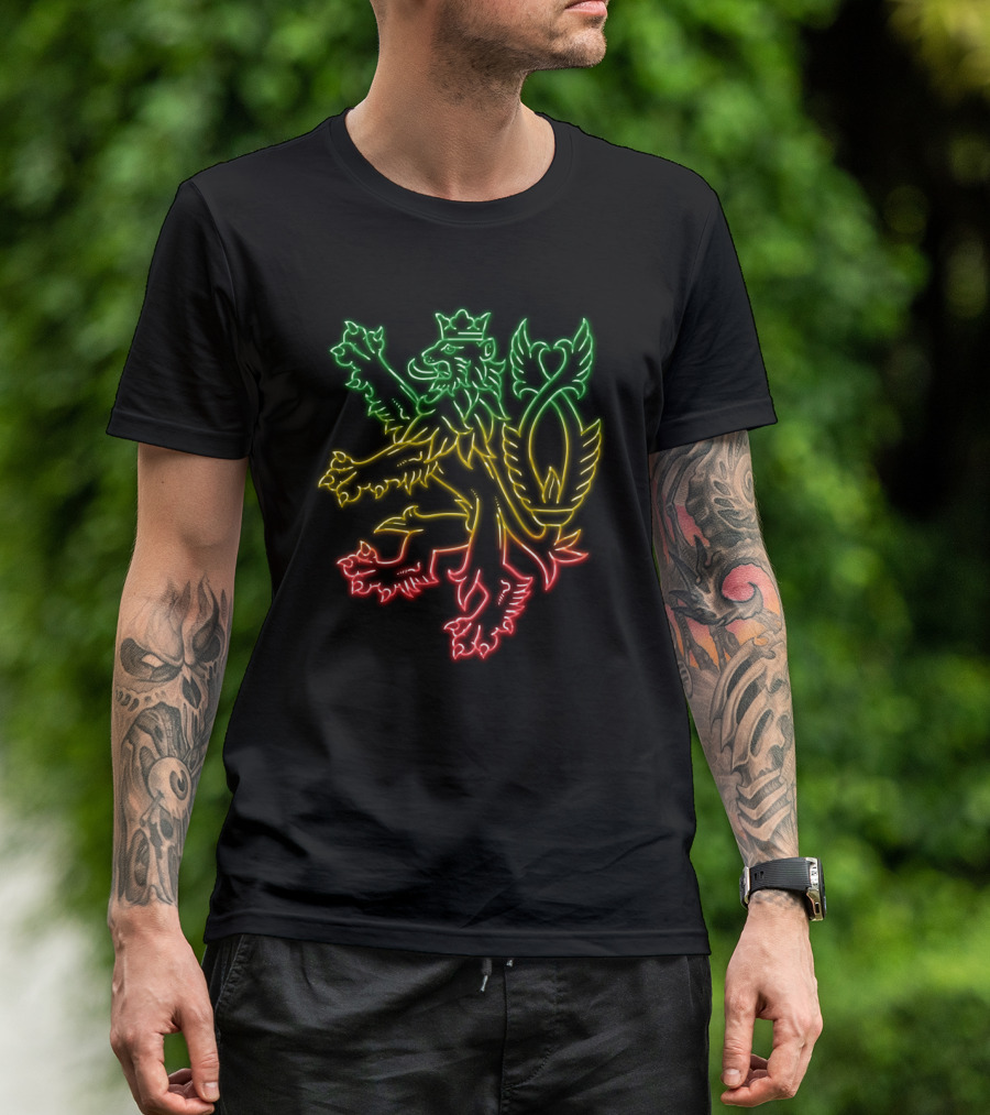Neon Rasta Lion With Czech Republic Coat Of Arms Reggae Jamaican Roots T-Shirt